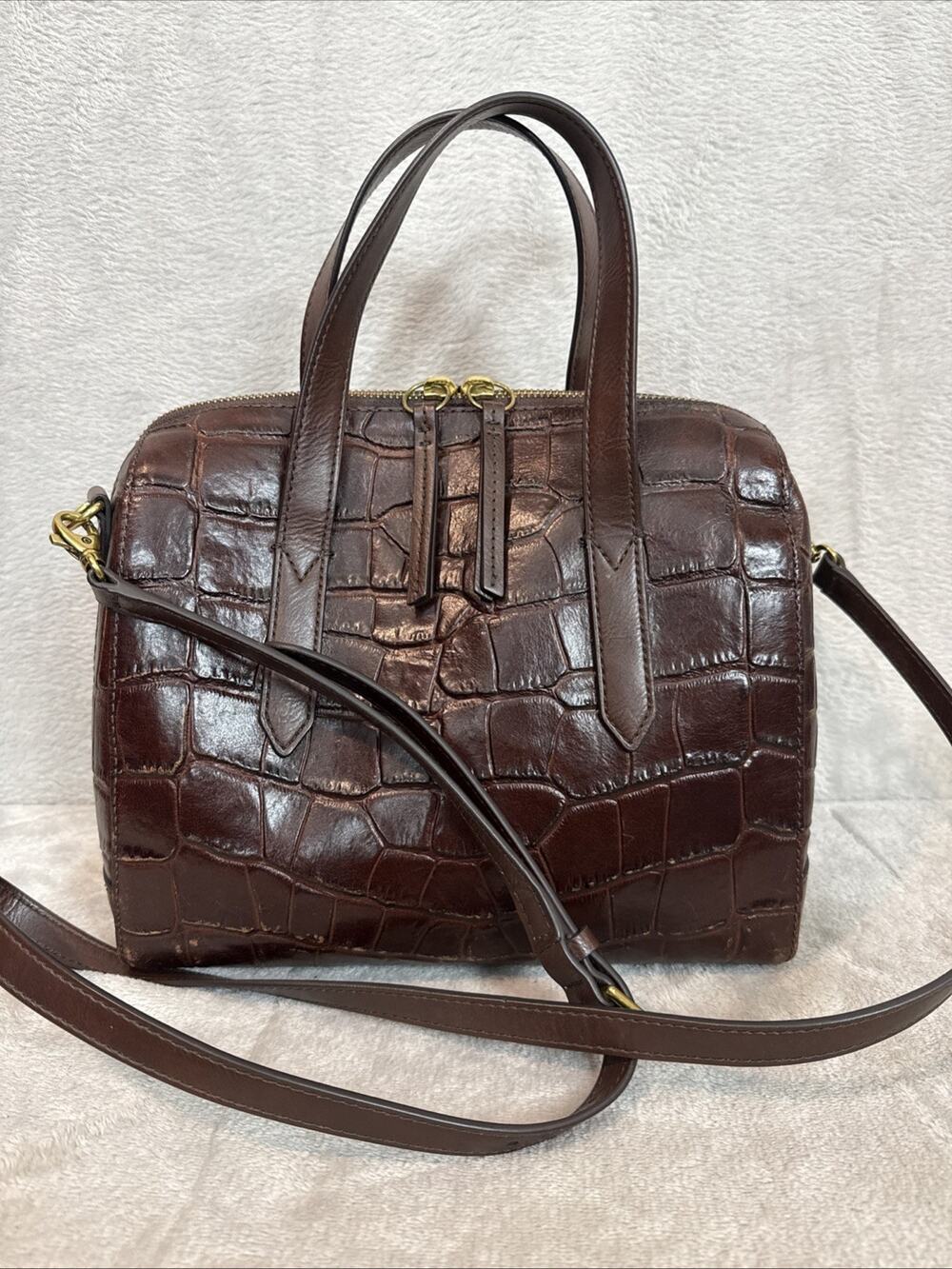 Fossil Sydney Satchel Brown Croc Barrel Gold Zip Dual Handles Preppy Old Money
